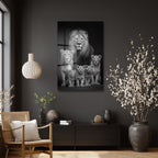 Aslan Ailesi Siyah Beyaz Sanat Cam Tablo