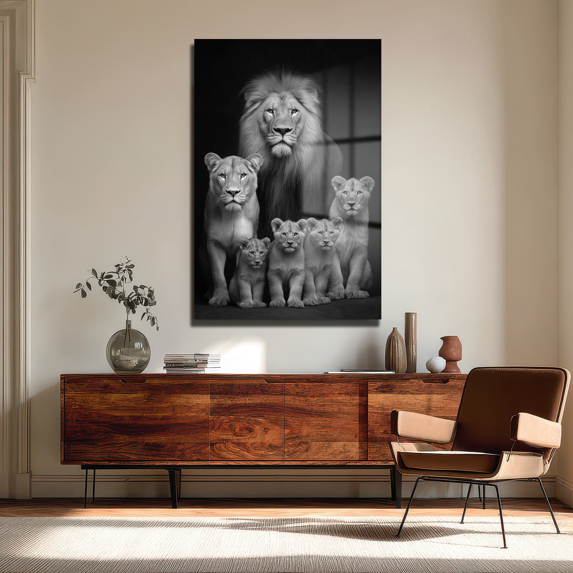 Aslan Ailesi Siyah Beyaz Sanat Cam Tablo