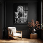 Aslan Ailesi Siyah Beyaz Sanat Cam Tablo
