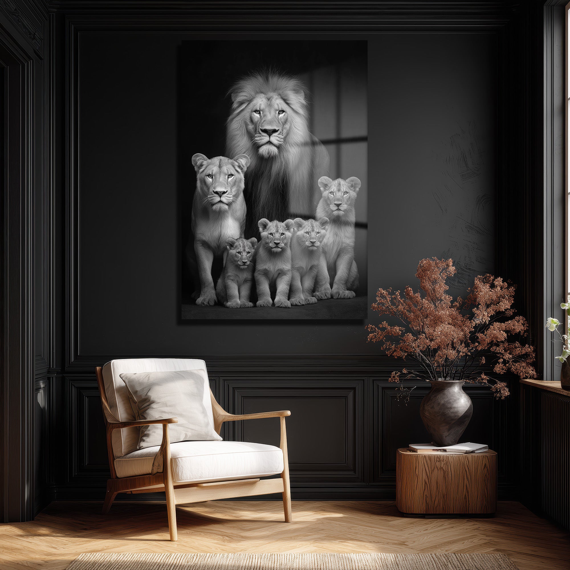 Aslan Ailesi Siyah Beyaz Sanat Cam Tablo