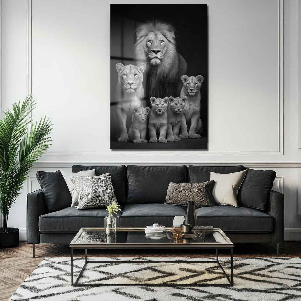 Aslan Ailesi Siyah Beyaz Sanat Cam Tablo