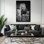 Aslan Ailesi Siyah Beyaz Sanat Cam Tablo