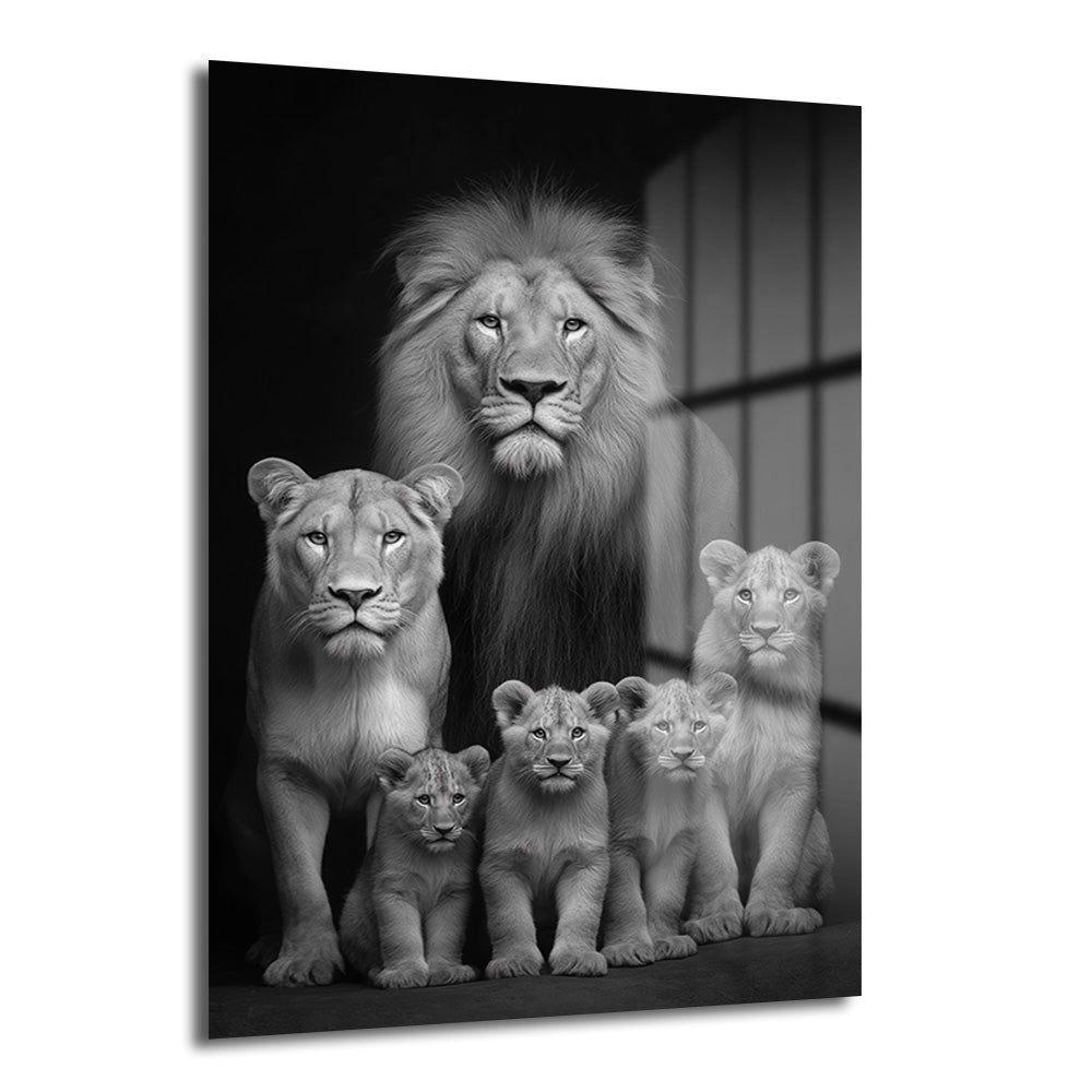 Siyah beyaz bir fotoğrafta, aslan ailesi bir arada duruyor: arkada heybetli bir erkek aslan, önde bir dişi aslan ve dört yavru aslan. Hepsi doğrudan kameraya bakıyor, güçlü ve koruyucu bir duruş sergiliyorlar.