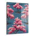 Koyu teal arka plan üzerinde pembe kiraz çiçekleri (sakura) ile dolu ağaçların tekrar eden deseni. Sanatsal ve huzurlu bir görsel.