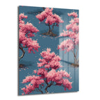 Koyu teal arka plan üzerinde pembe kiraz çiçekleri (sakura) ile dolu ağaçların tekrar eden deseni. Sanatsal ve huzurlu bir görsel.