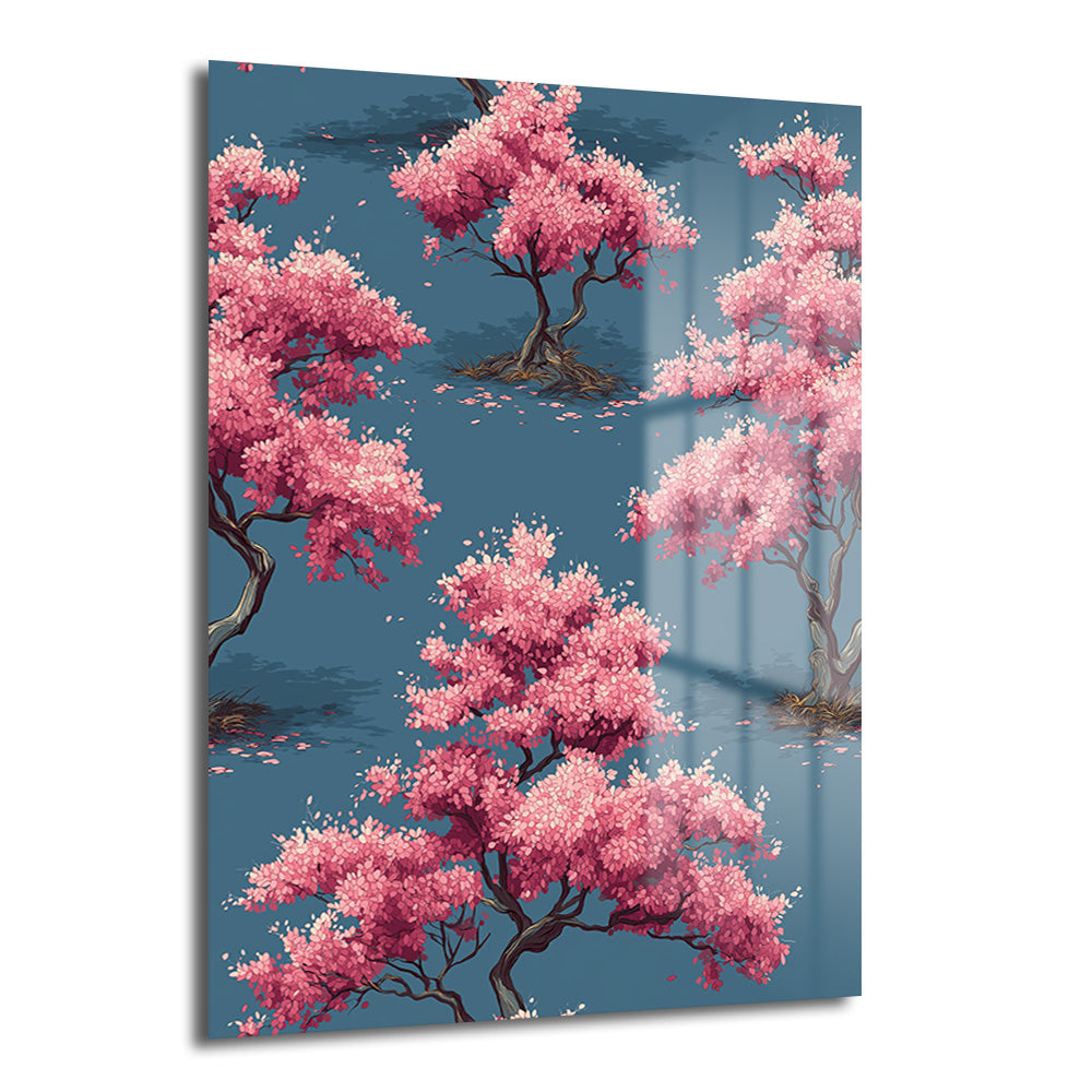 Koyu teal arka plan üzerinde pembe kiraz çiçekleri (sakura) ile dolu ağaçların tekrar eden deseni. Sanatsal ve huzurlu bir görsel.
