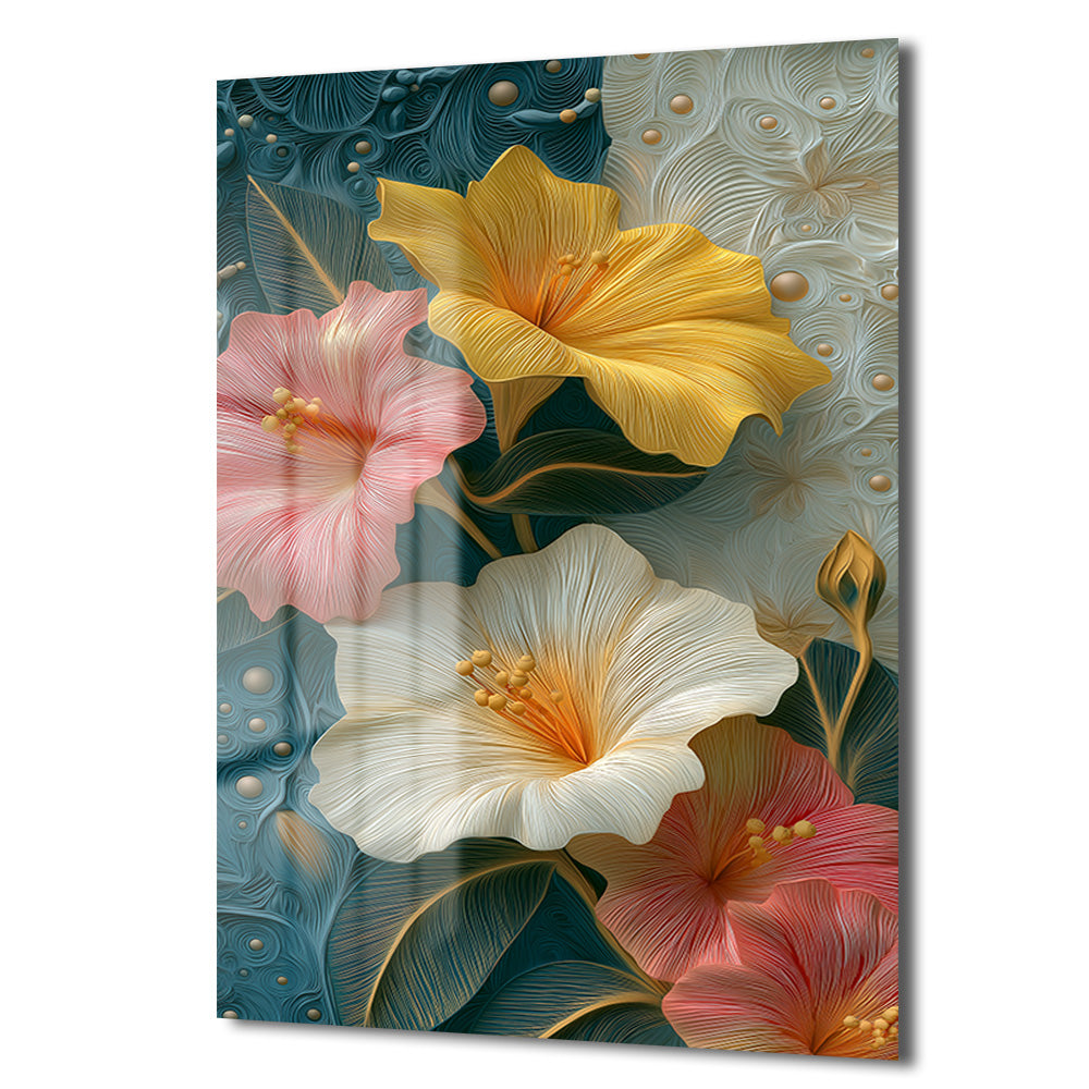 Canlı Hibiskus Çiçekleri Cam Tablo - Modern Sanat Duvar Dekoru