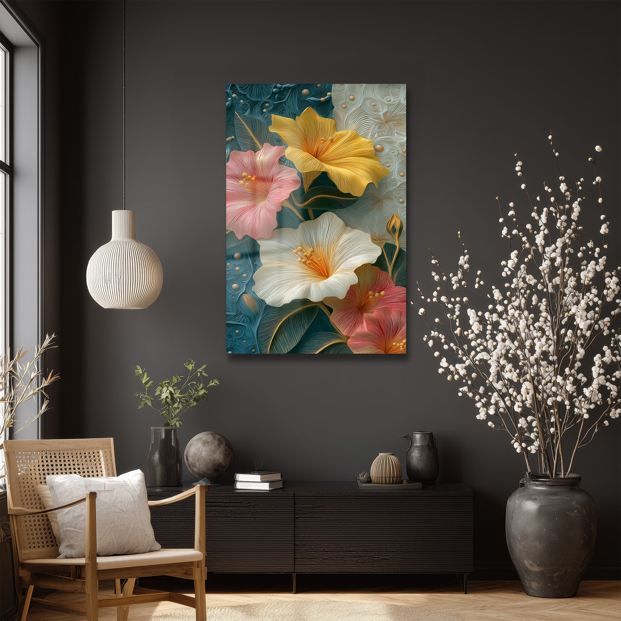 Canlı Hibiskus Çiçekleri Cam Tablo - Modern Sanat Duvar Dekoru