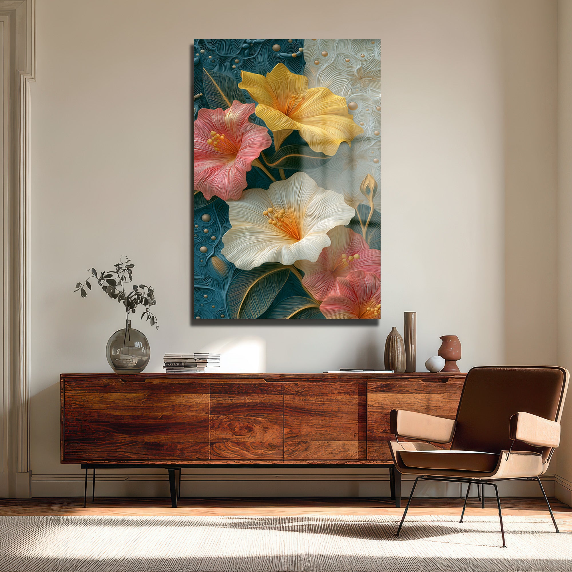 Canlı Hibiskus Çiçekleri Cam Tablo - Modern Sanat Duvar Dekoru
