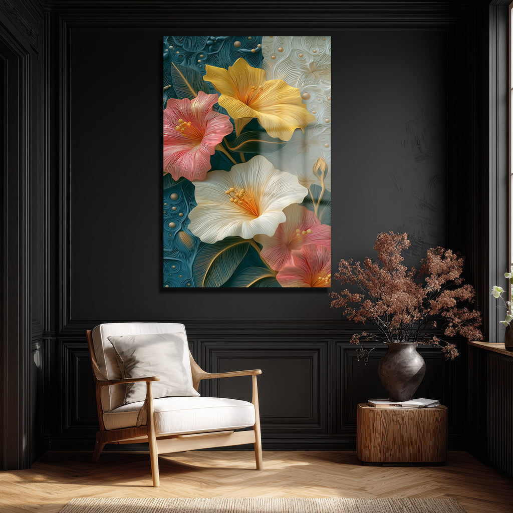Canlı Hibiskus Çiçekleri Cam Tablo - Modern Sanat Duvar Dekoru
