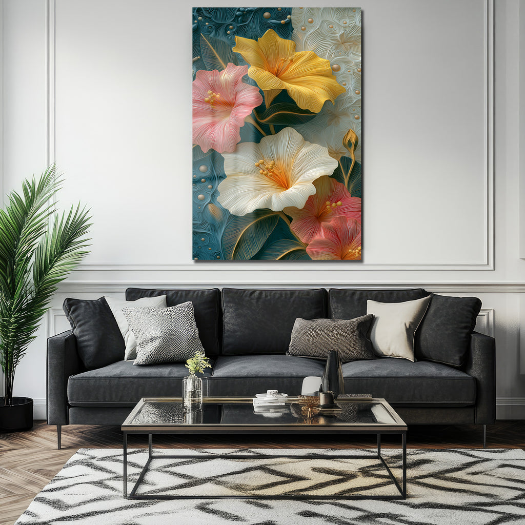 Canlı Hibiskus Çiçekleri Cam Tablo - Modern Sanat Duvar Dekoru