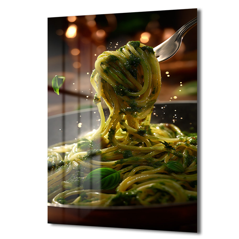 Pesto Soslu Spaghetti Lezzeti Cam Tablo - Mutfak Dekorasyonu