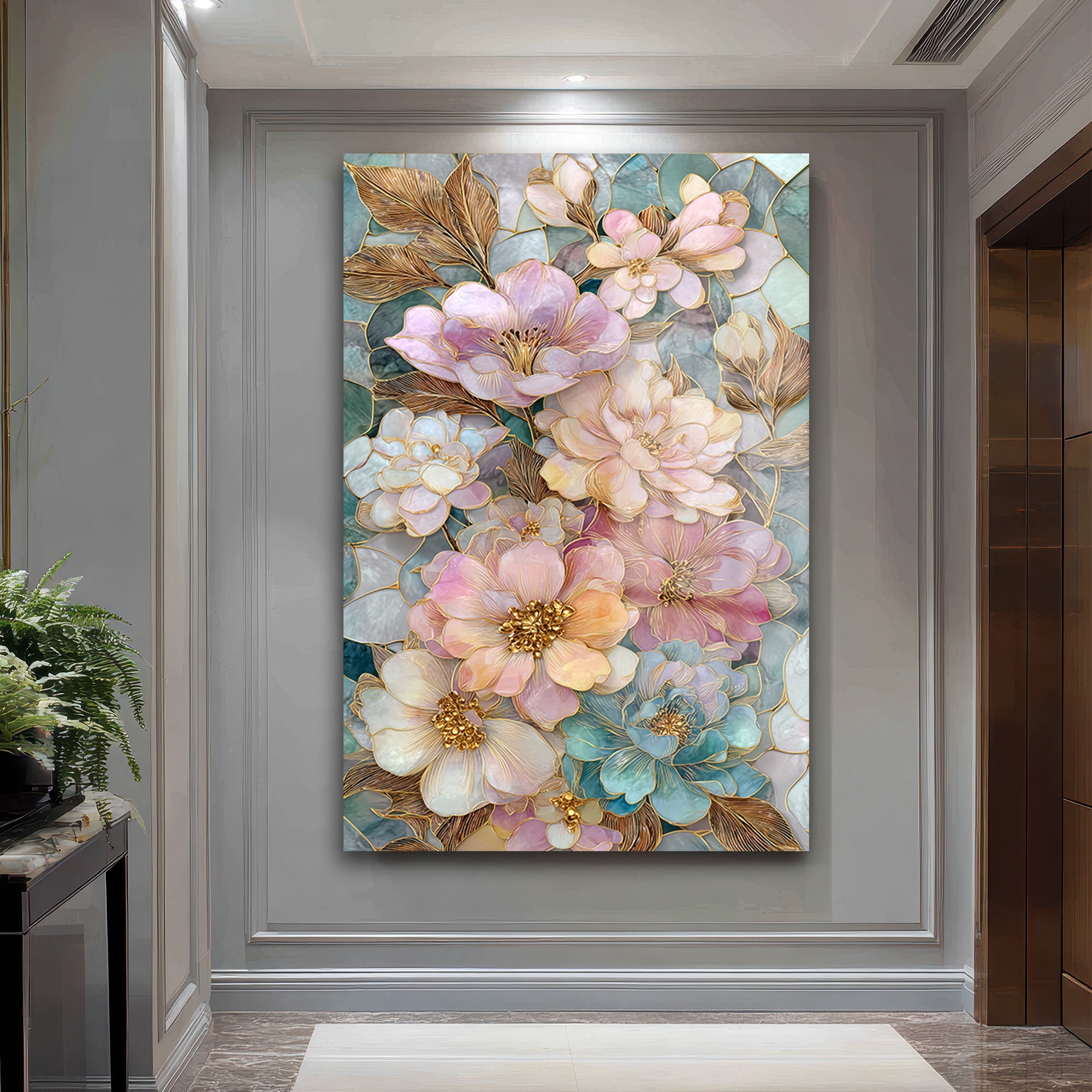 Büyüleyici Pastel Çiçekler Cam Tablo - Altın Detaylı Sanat Eseri
