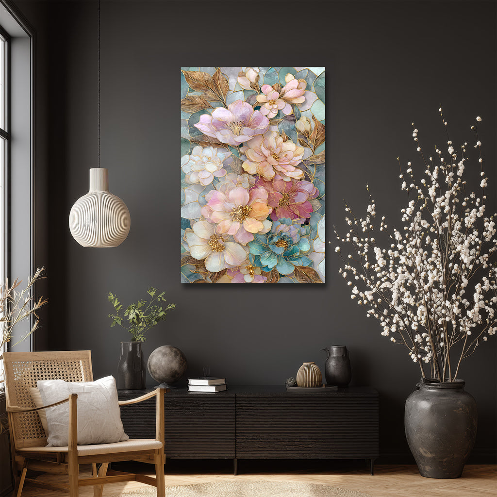 Büyüleyici Pastel Çiçekler Cam Tablo - Altın Detaylı Sanat Eseri