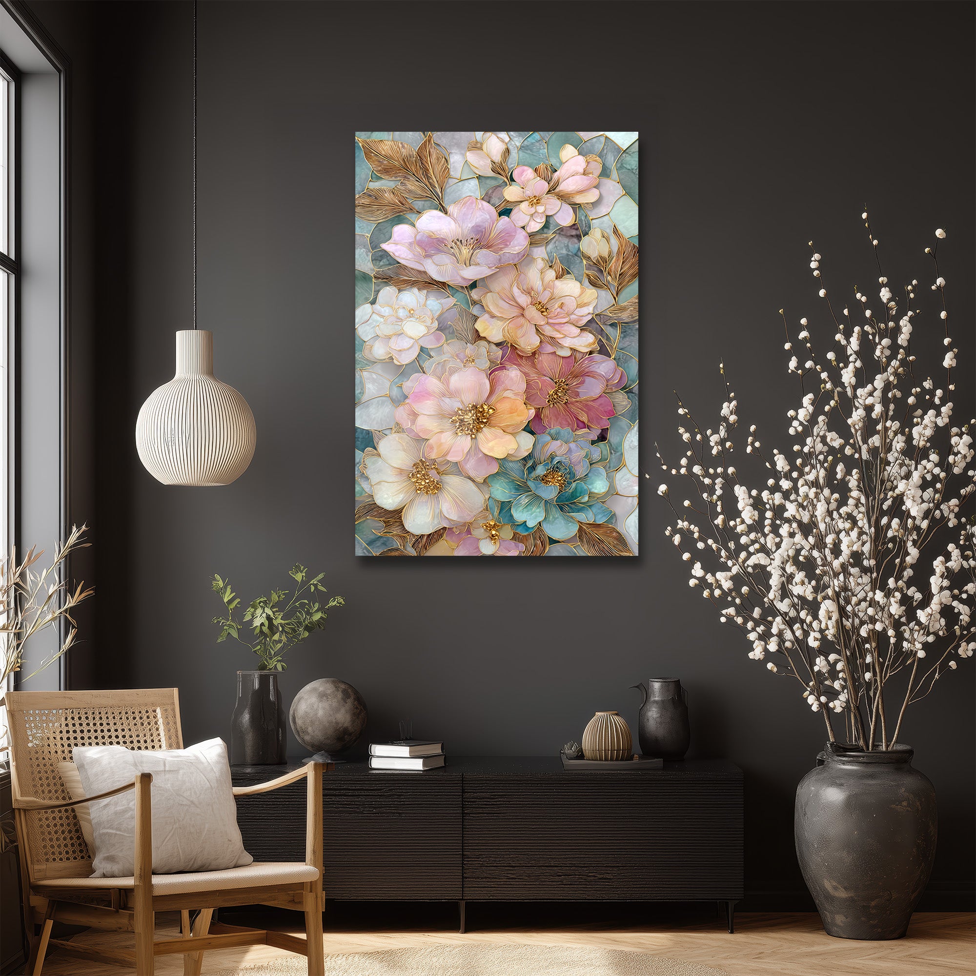 Büyüleyici Pastel Çiçekler Cam Tablo - Altın Detaylı Sanat Eseri
