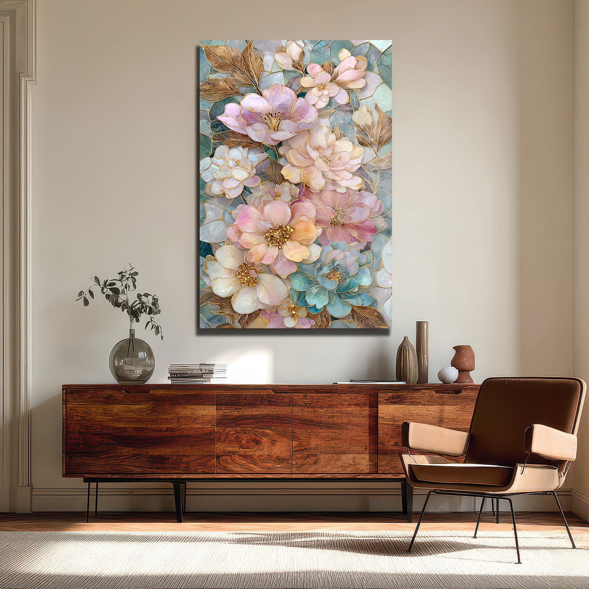 Büyüleyici Pastel Çiçekler Cam Tablo - Altın Detaylı Sanat Eseri