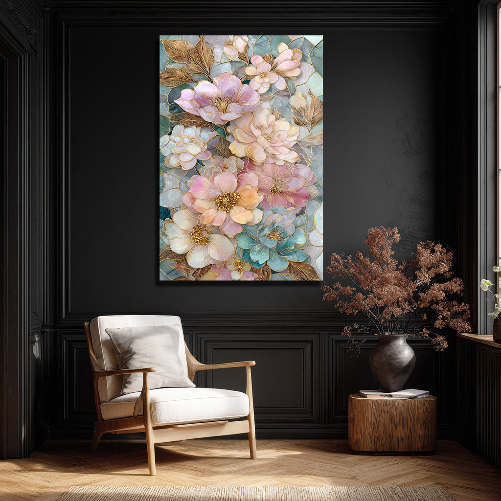 Büyüleyici Pastel Çiçekler Cam Tablo - Altın Detaylı Sanat Eseri