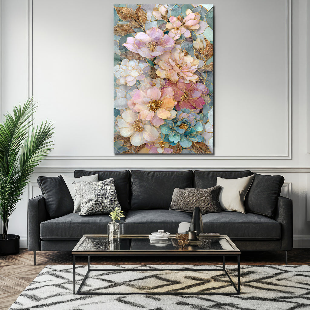Büyüleyici Pastel Çiçekler Cam Tablo - Altın Detaylı Sanat Eseri