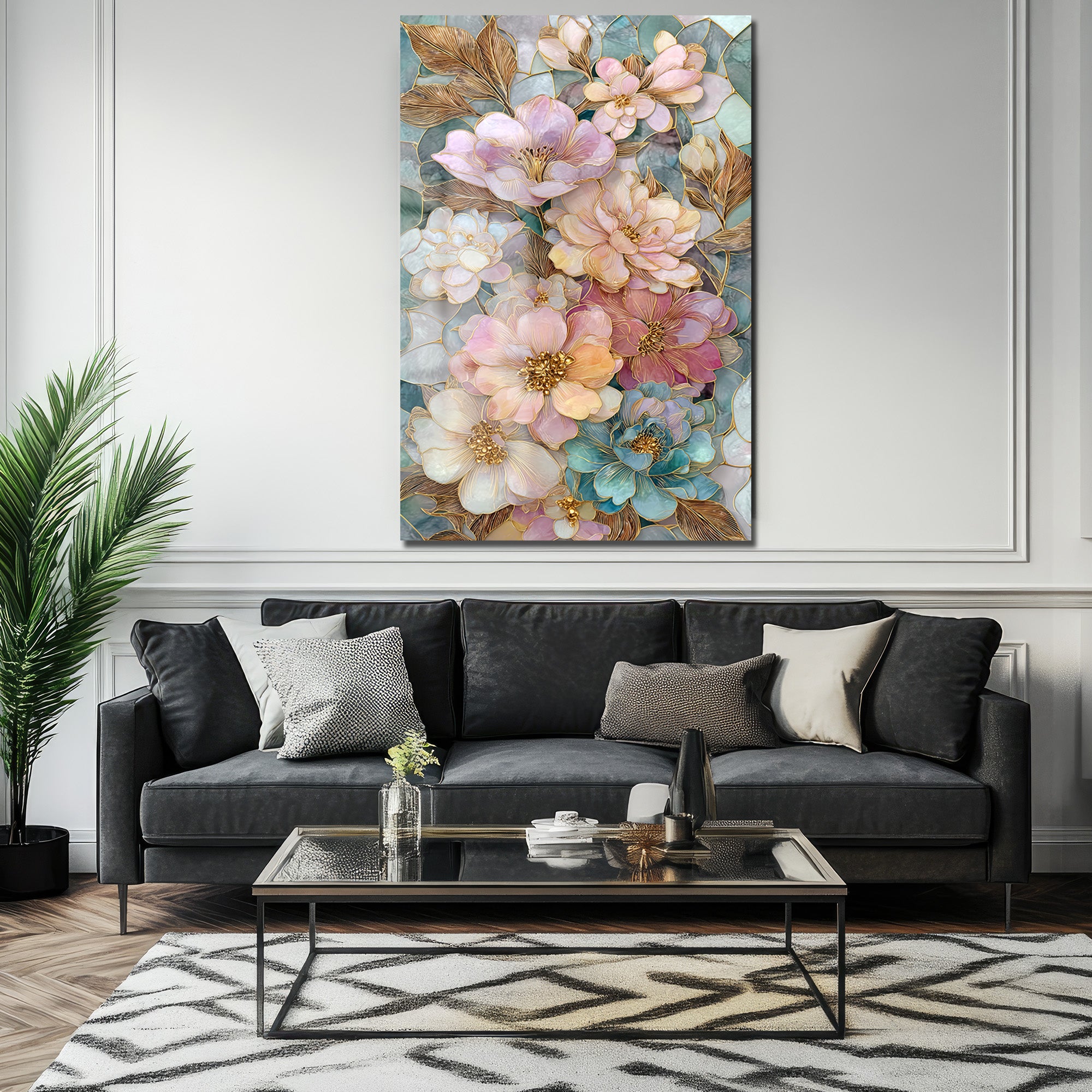 Büyüleyici Pastel Çiçekler Cam Tablo - Altın Detaylı Sanat Eseri