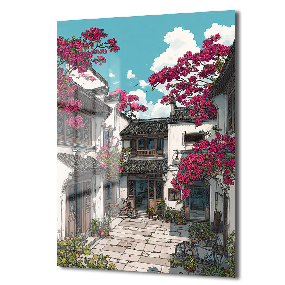 Sakura Baharı Sokakları Cam Tablo - Huzurlu Asya Mimarisi