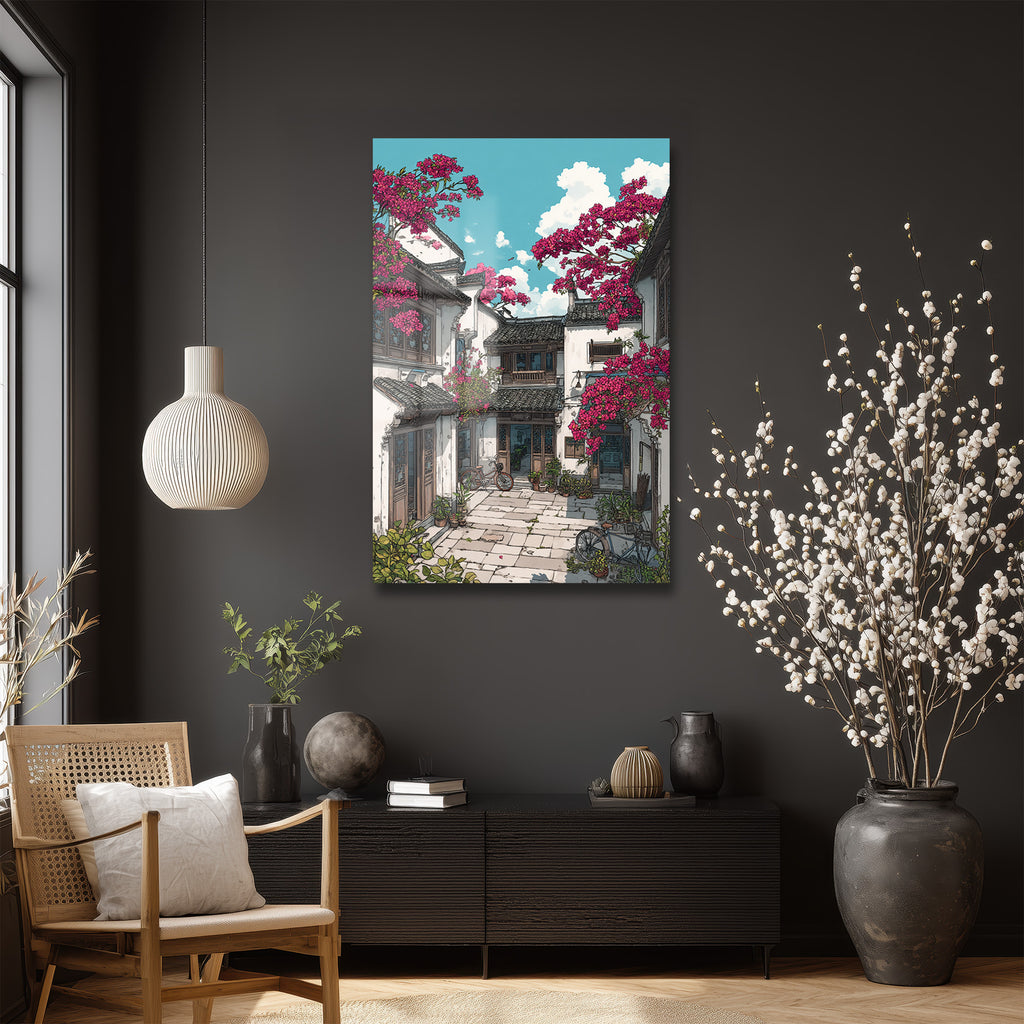Sakura Baharı Sokakları Cam Tablo - Huzurlu Asya Mimarisi
