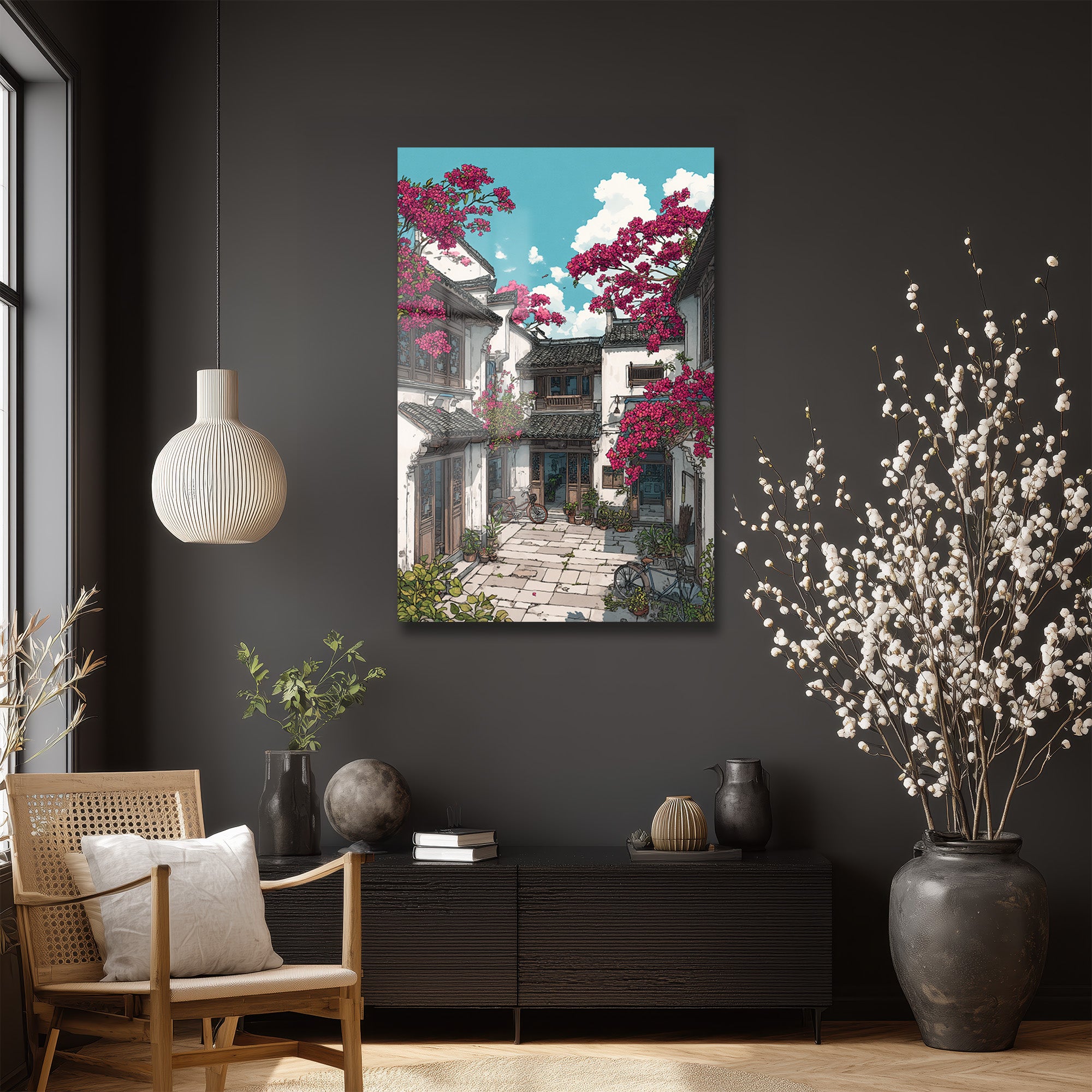 Sakura Baharı Sokakları Cam Tablo - Huzurlu Asya Mimarisi