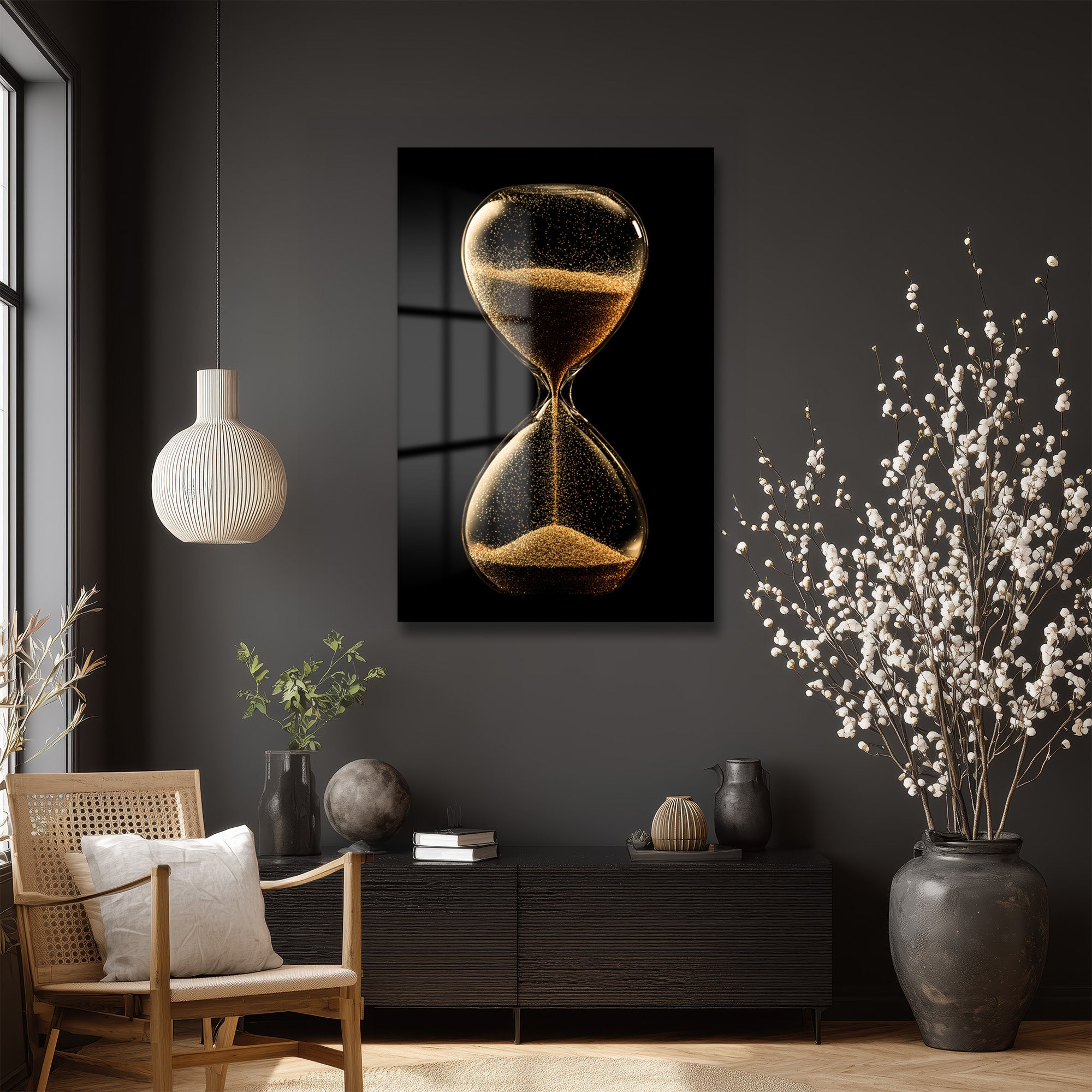 Altın Kum Saati Temalı Modern Cam Tablo