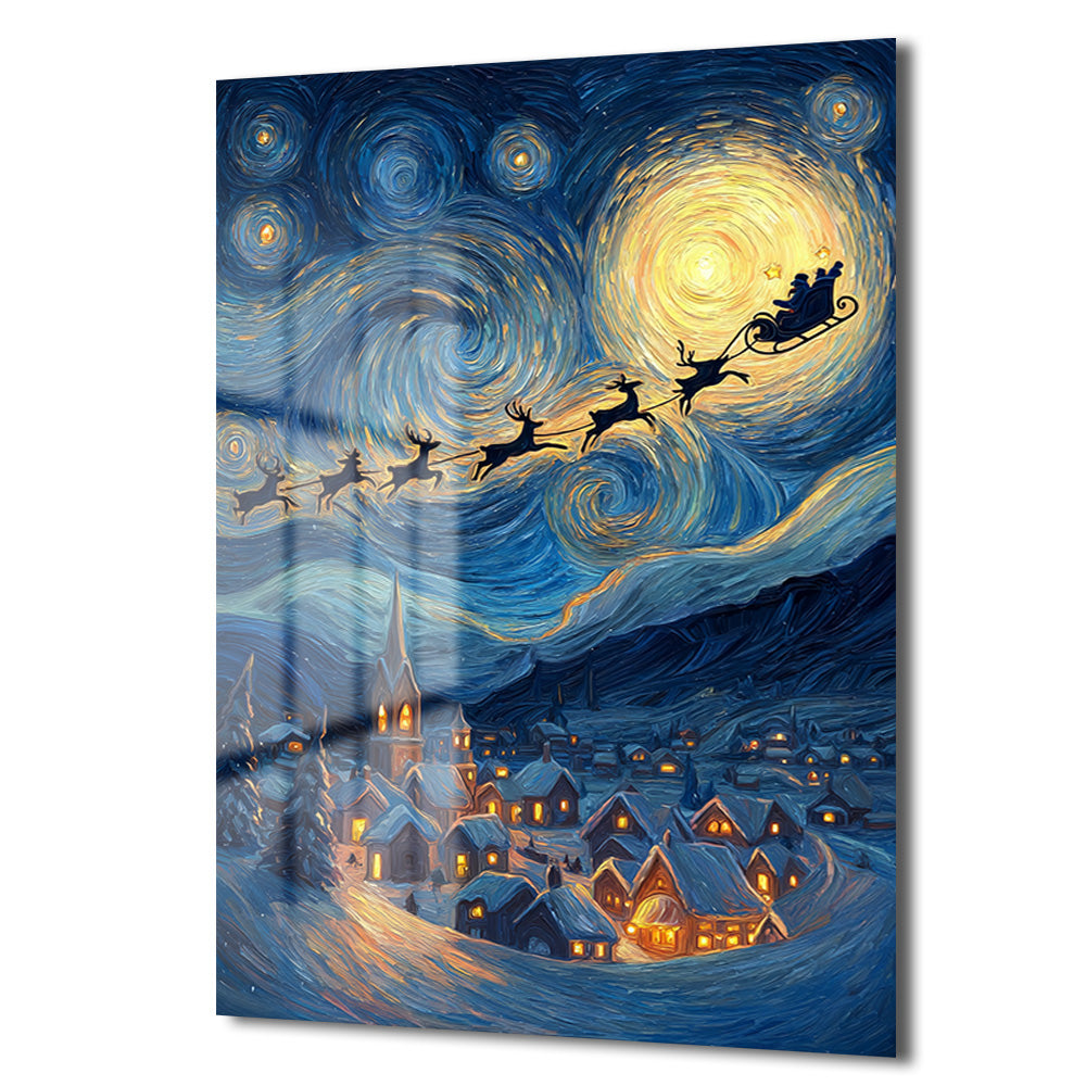 Van Gogh Tarzı Noel Gecesi Cam Tablo - Santa'nın Yıldızlı Yolculuğu