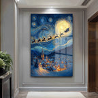 Van Gogh Tarzı Noel Gecesi Cam Tablo - Santa'nın Yıldızlı Yolculuğu