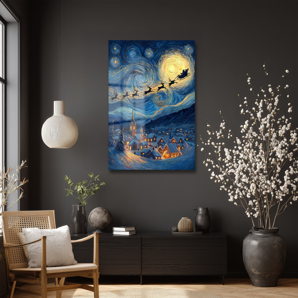 Van Gogh Tarzı Noel Gecesi Cam Tablo - Santa'nın Yıldızlı Yolculuğu