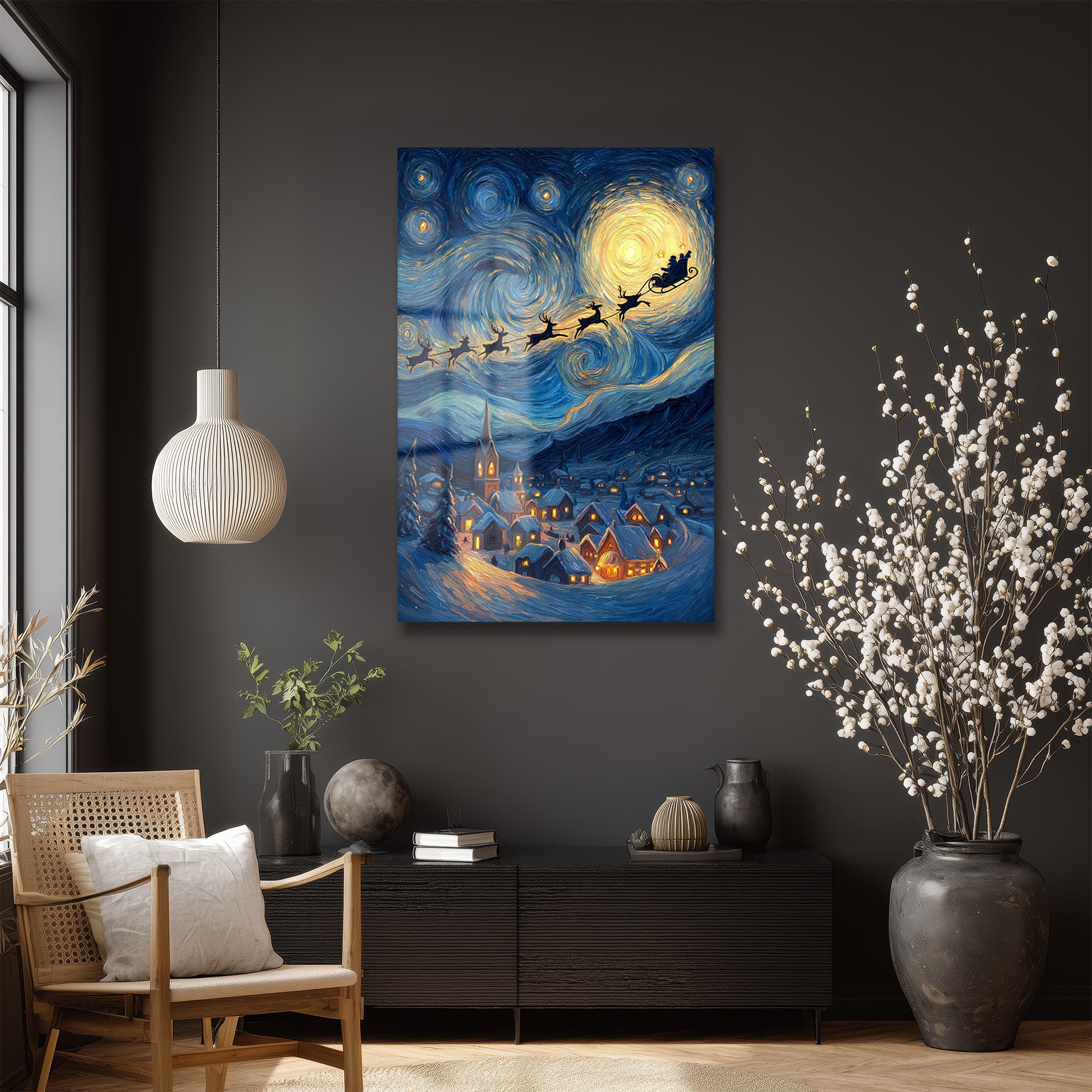 Van Gogh Tarzı Noel Gecesi Cam Tablo - Santa'nın Yıldızlı Yolculuğu