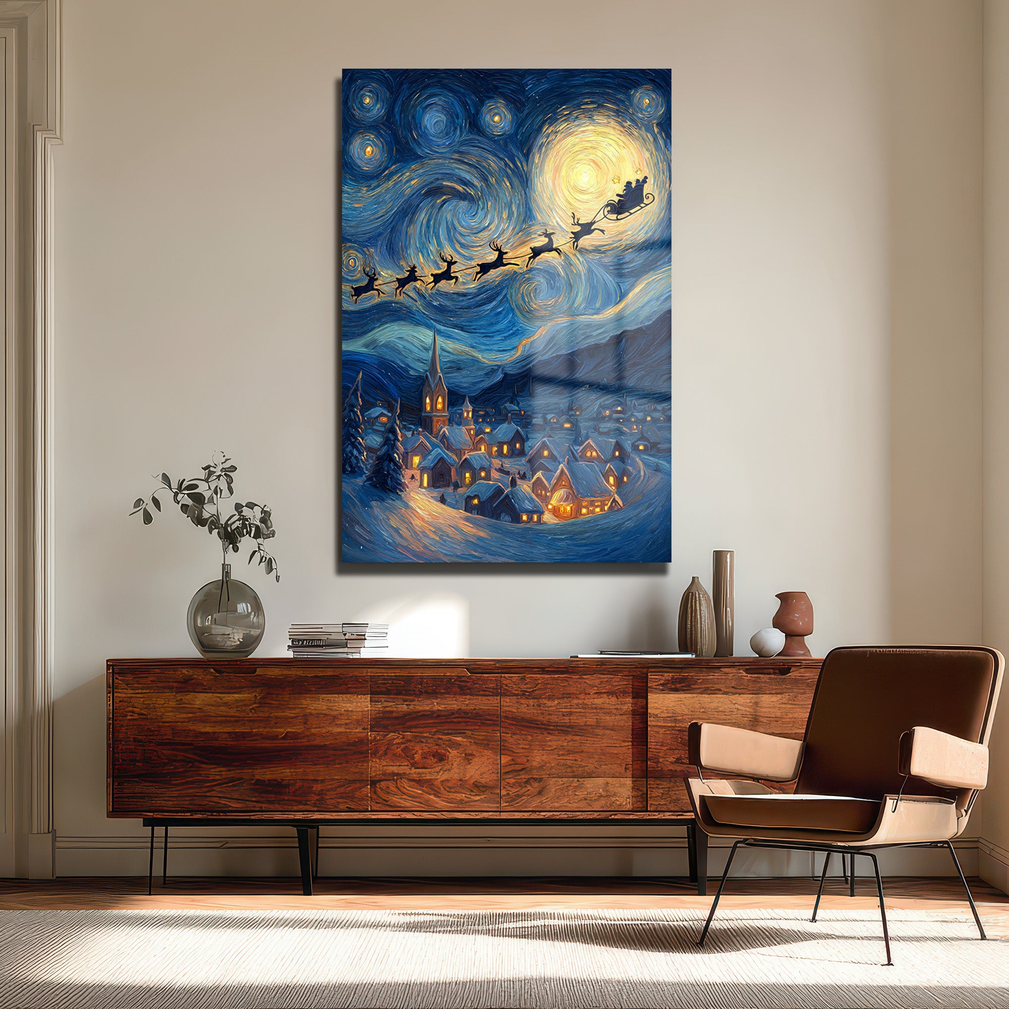 Van Gogh Tarzı Noel Gecesi Cam Tablo - Santa'nın Yıldızlı Yolculuğu