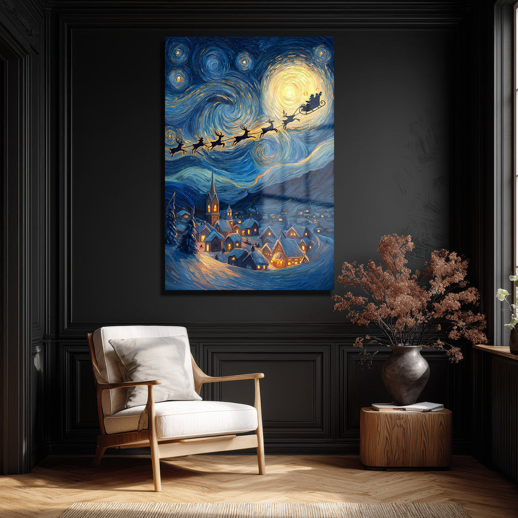 Van Gogh Tarzı Noel Gecesi Cam Tablo - Santa'nın Yıldızlı Yolculuğu