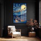 Van Gogh Tarzı Noel Gecesi Cam Tablo - Santa'nın Yıldızlı Yolculuğu