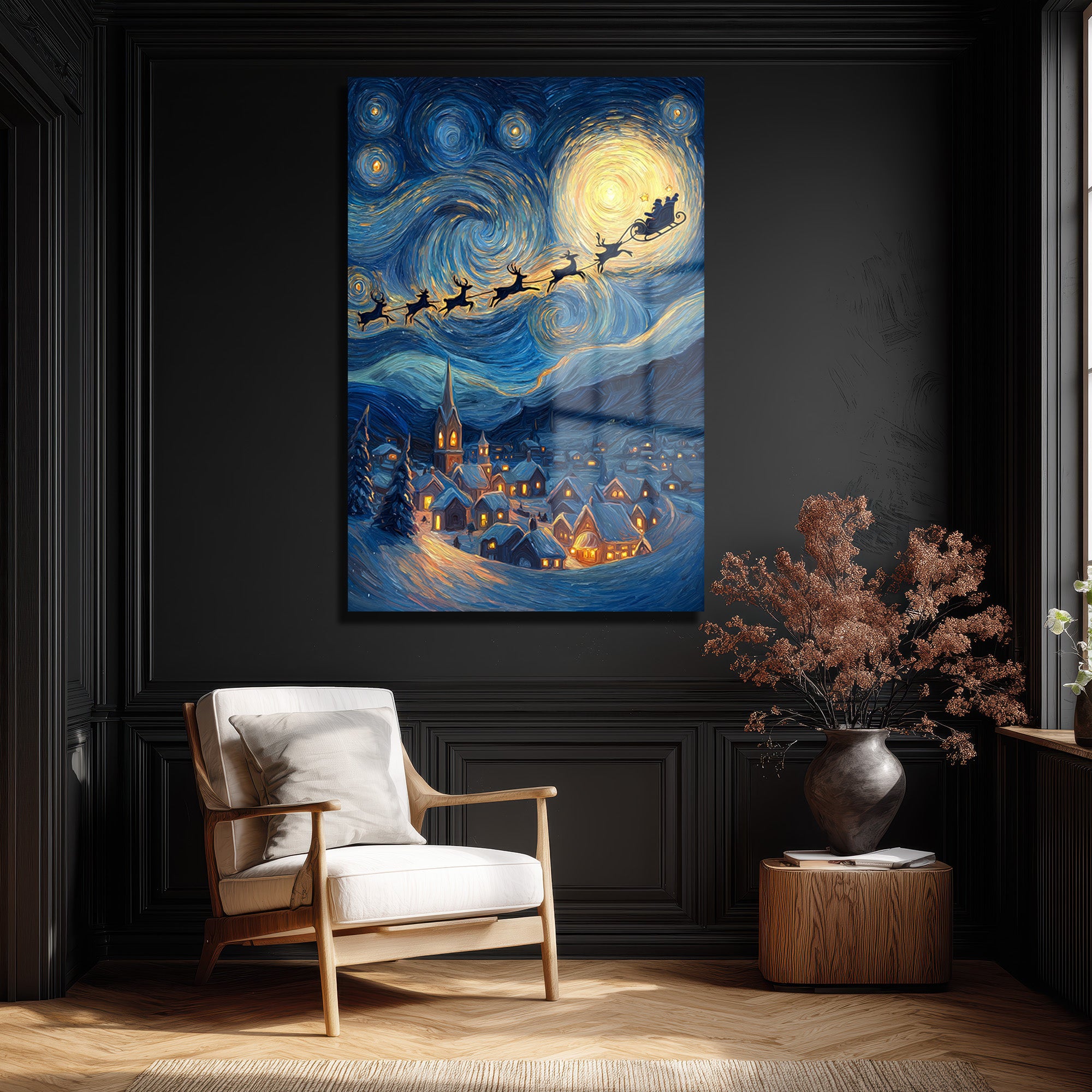 Van Gogh Tarzı Noel Gecesi Cam Tablo - Santa'nın Yıldızlı Yolculuğu