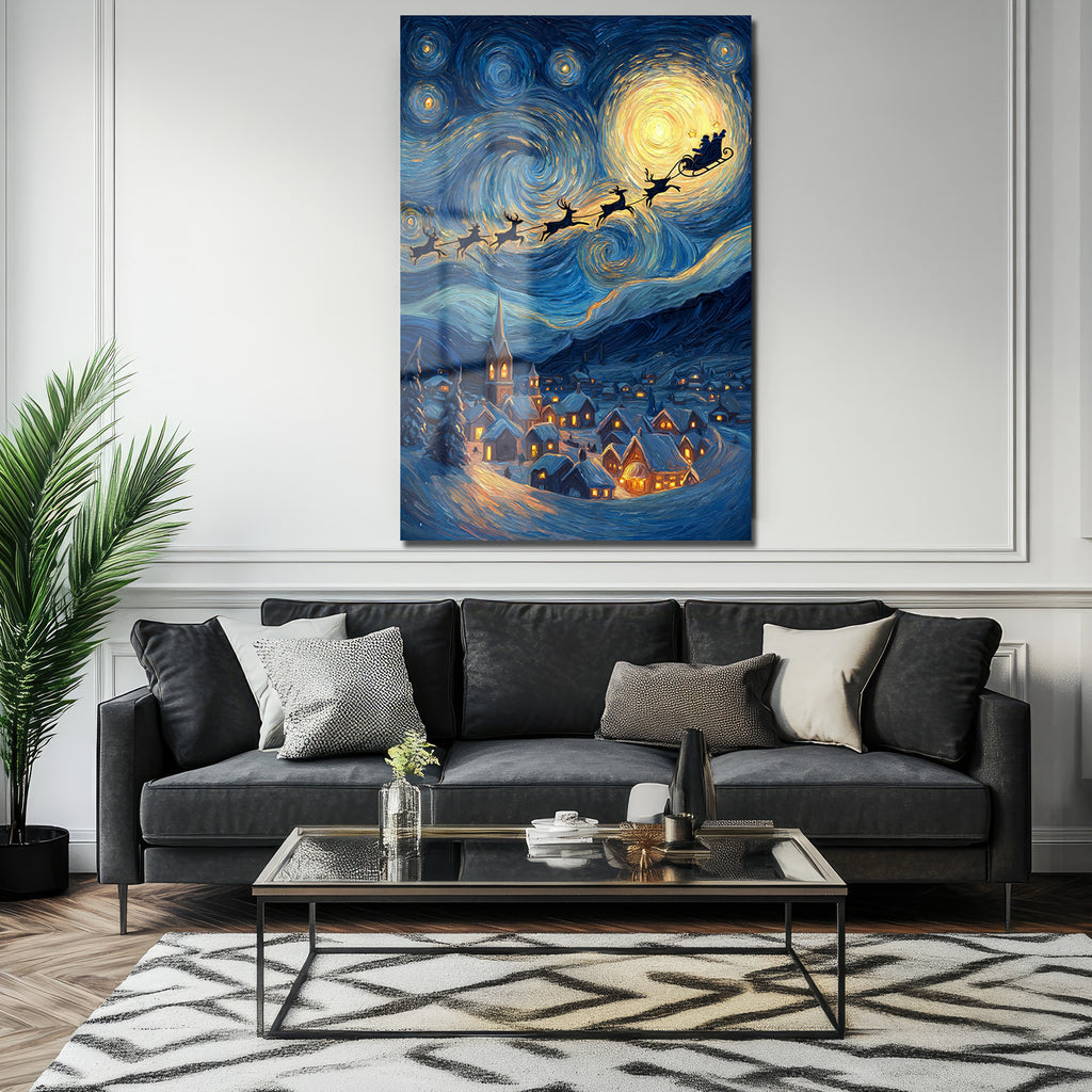 Van Gogh Tarzı Noel Gecesi Cam Tablo - Santa'nın Yıldızlı Yolculuğu