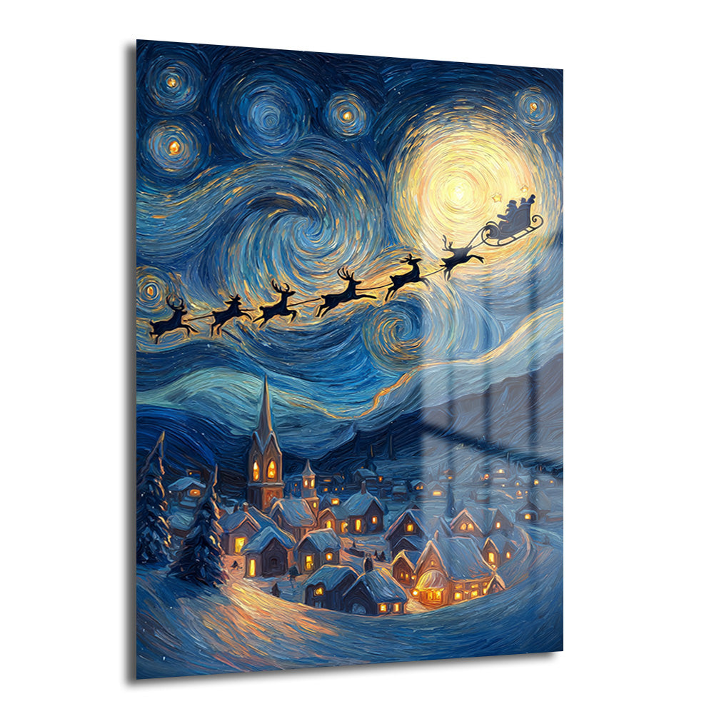 Van Gogh'un Yıldızlı Gece tablosu stilinde, karlı bir köyün üzerinde uçan Noel Baba ve geyiklerinin resmedildiği, sarı ay ve mavi-siyah girdaplı gökyüzü temalı cam tablo.