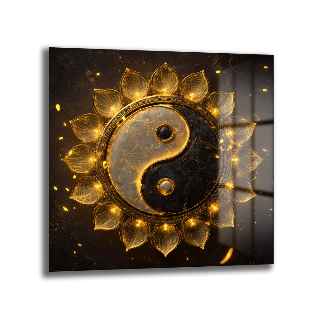 Işıltılı Altın Yin Yang Lotus Cam Tablo