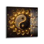 Işıltılı Altın Yin Yang Lotus Cam Tablo