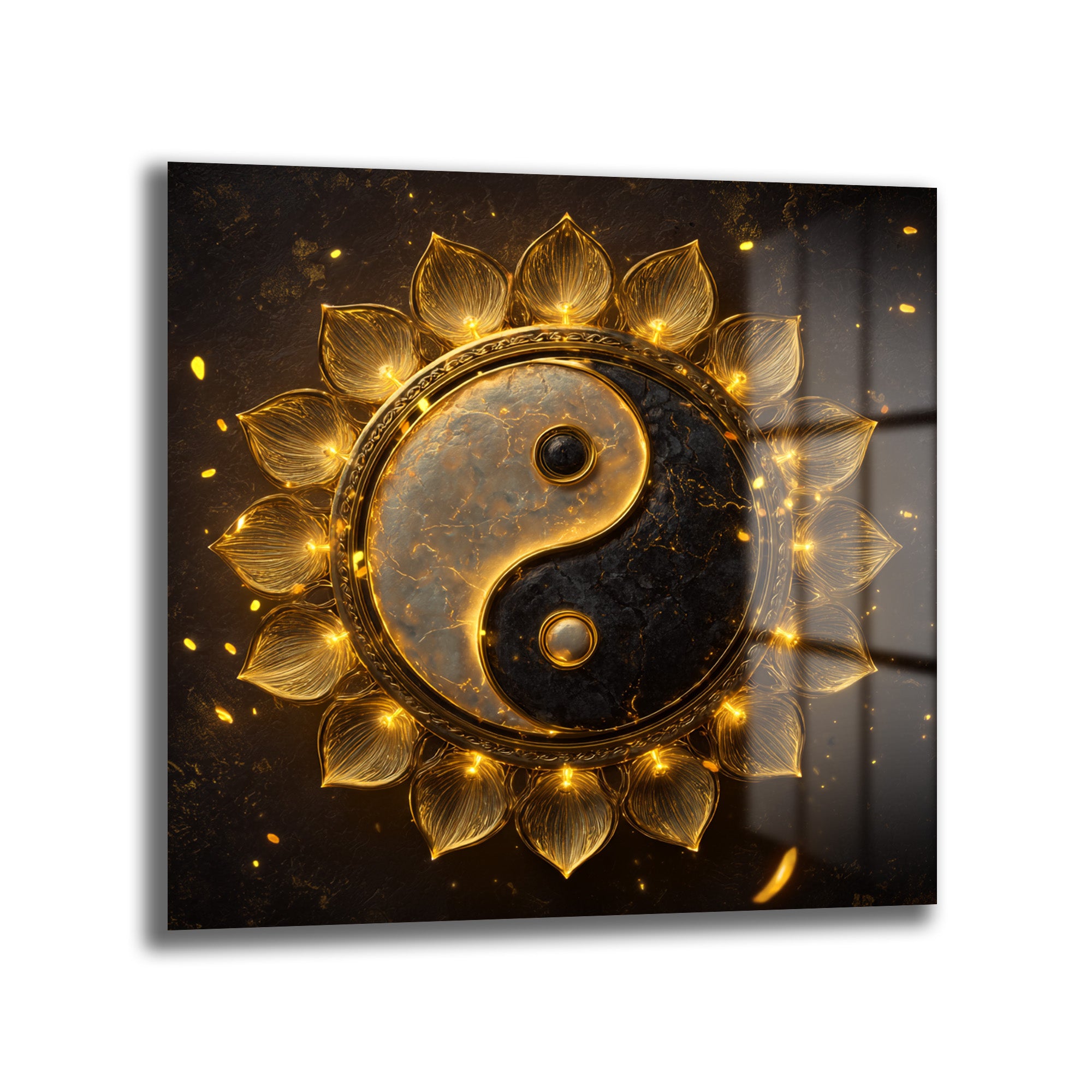 Işıltılı Altın Yin Yang Lotus Cam Tablo