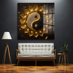 Işıltılı Altın Yin Yang Lotus Cam Tablo