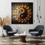 Işıltılı Altın Yin Yang Lotus Cam Tablo