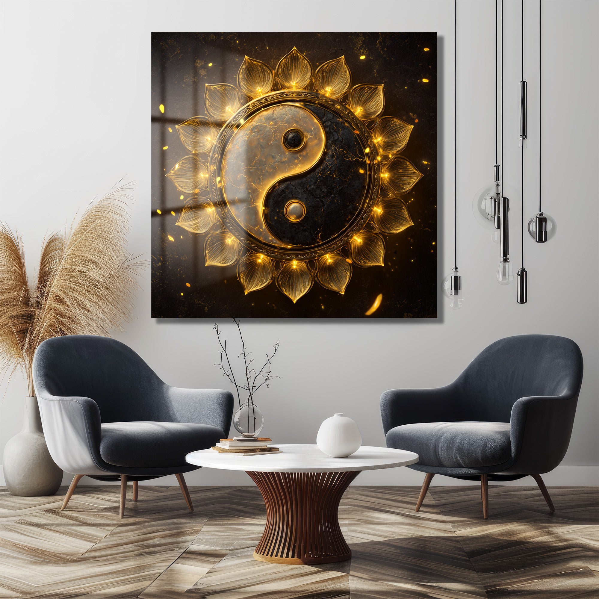 Işıltılı Altın Yin Yang Lotus Cam Tablo