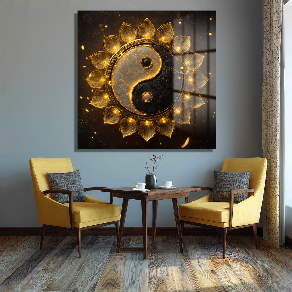 Işıltılı Altın Yin Yang Lotus Cam Tablo