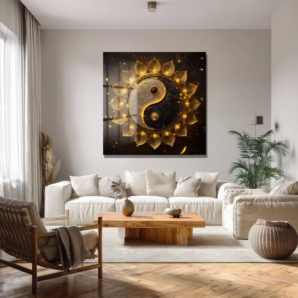 Işıltılı Altın Yin Yang Lotus Cam Tablo