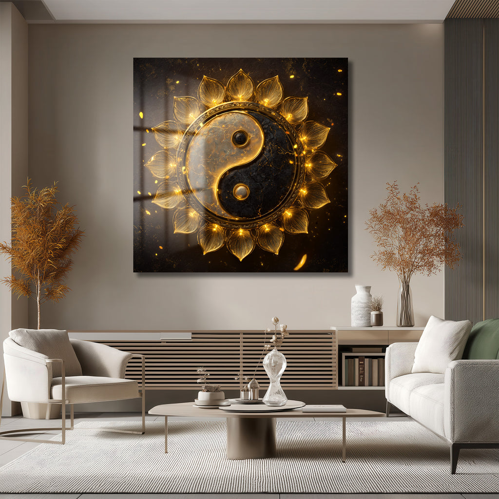 Işıltılı Altın Yin Yang Lotus Cam Tablo