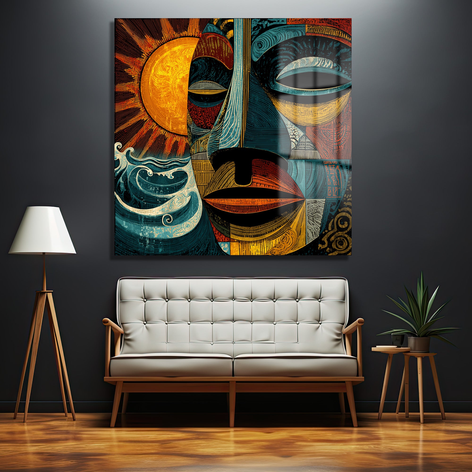 Koyu gri bir duvarda asılı, soyut bir yüzü, parlak güneşi ve dinamik dalgaları tasvir eden, turuncu, sarı, teal, mavi ve siyah tonlarında, desenlerle zenginleştirilmiş modern bir cam tablo. Tablonun altında beyaz, ahşap detaylı bir kanepe ve sağında yeşil bir bitki yer almaktadır.
