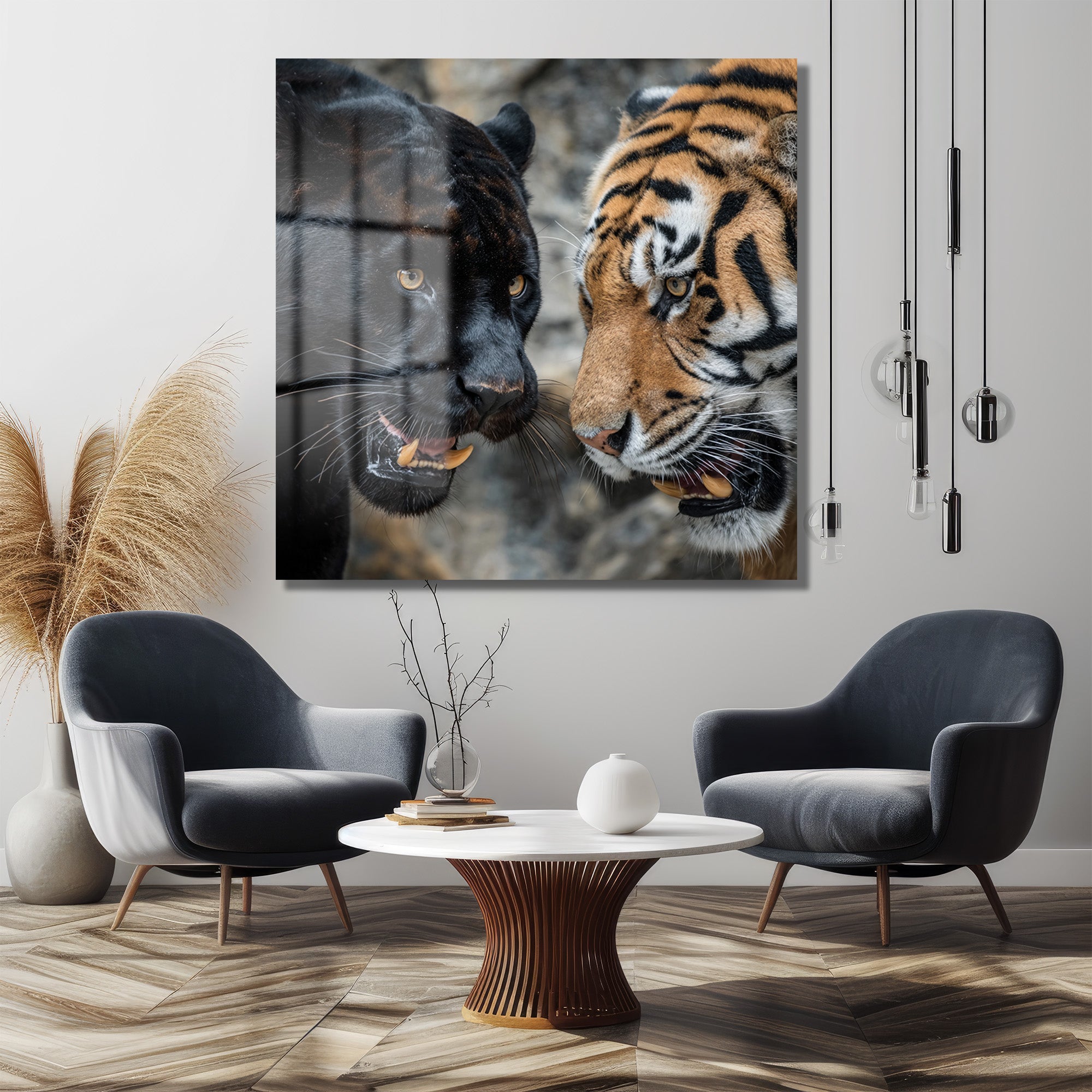 Siyah Panter ve Kaplan Karşılaşması Temperli Cam Tablo