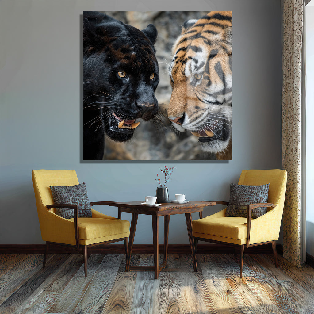 Siyah Panter ve Kaplan Karşılaşması Temperli Cam Tablo