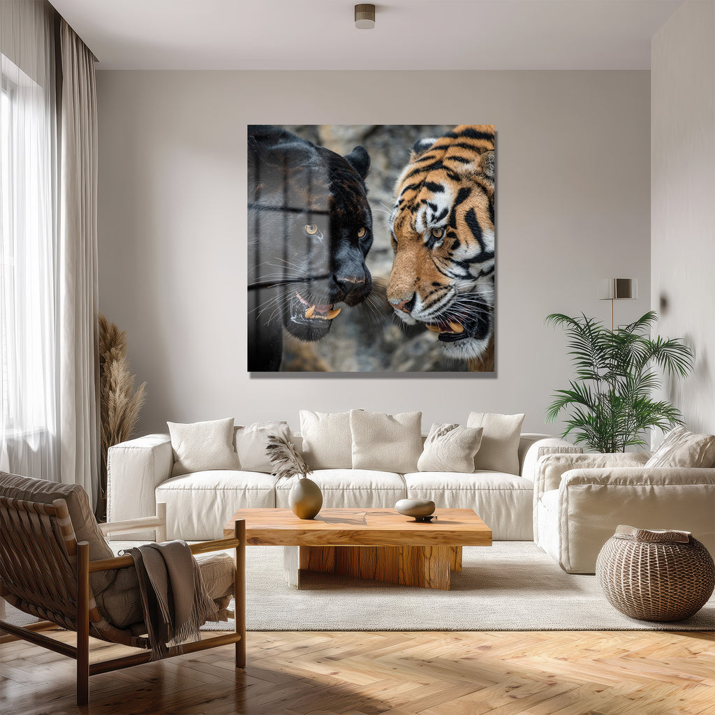 Siyah Panter ve Kaplan Karşılaşması Temperli Cam Tablo